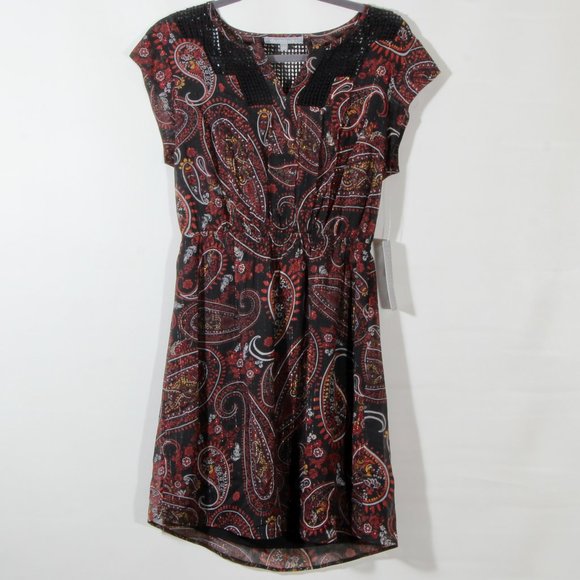 Daniel Rainn Women's Black Maroon Paisley Vika Crochet Detail Mini Dress NWT - Picture 1 of 9